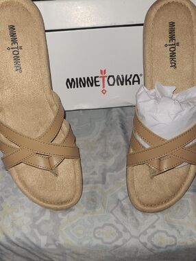 Minnetonka Tan Crisscross Leather Slide Sandals